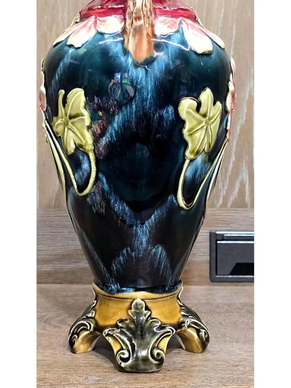 Antique Art Nouveau Majolica Floral Footed Ewer Pitcher Vase 12 inch Signed